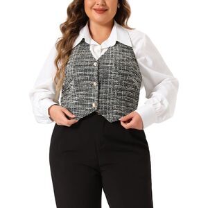 Plus Size Vintage Halter Button Down Tweed Suit Blazers Vests Black